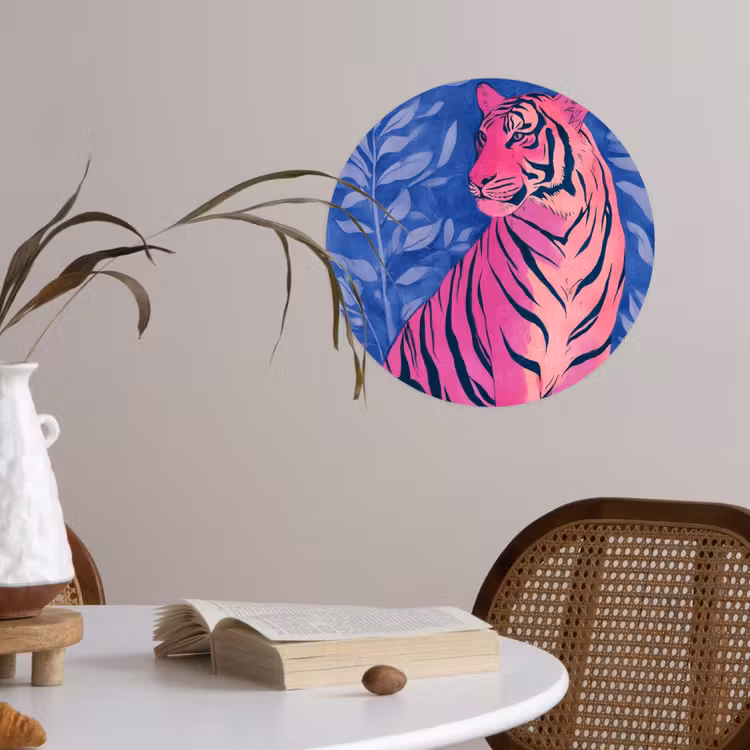 Tijger - Roze - Bladeren - Jungle Wandcirkel behangsticker klein -sfeer3