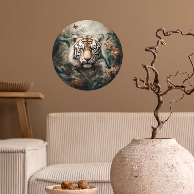 Tijger - Vlinders - Dieren - Jungle - Bloemen Wandcirkel behangsticker klein -sfeer1