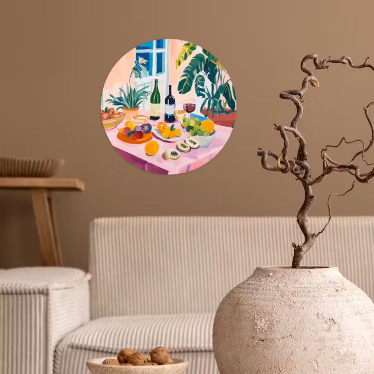 Tafel - Wijn - Fruit Wandcirkel behangsticker klein -sfeer1