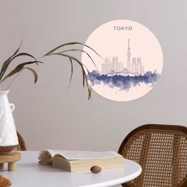 Tokyo - Skyline - Stad - Abstract - Blauw Wandcirkel behangsticker klein -sfeer3
