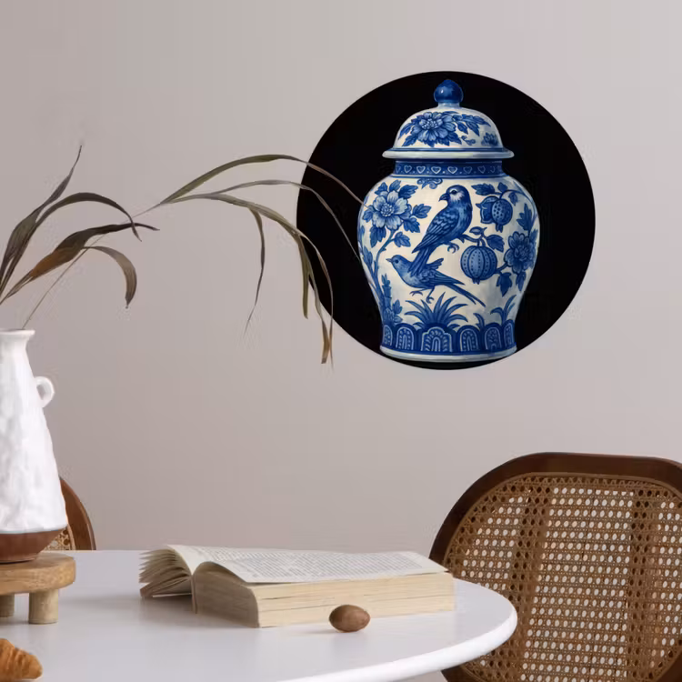 Pot - Delfts Blauw - Bloemen Wandcirkel behangsticker klein -sfeer3