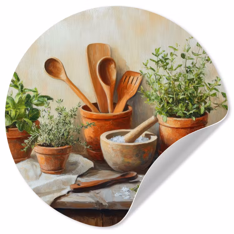 Potten - Kruiden - Hout Wandcirkel behangsticker klein -3d