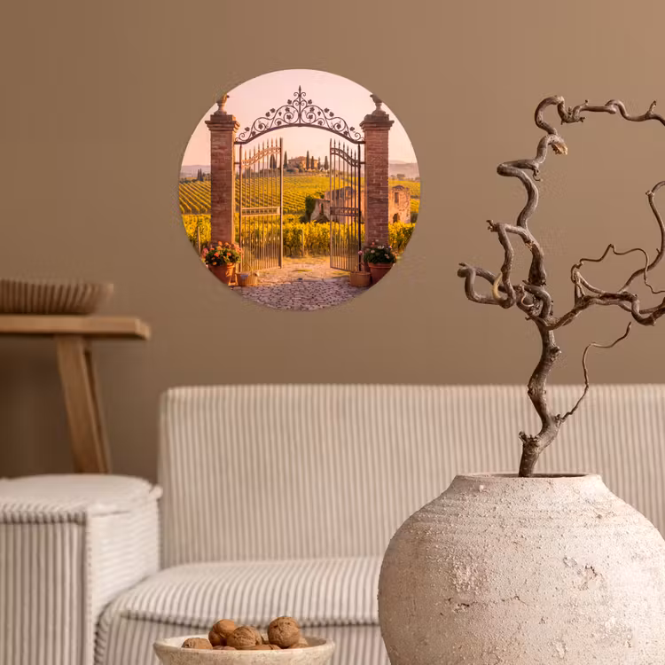 Poort - Landschap - Platteland - Zonlicht - Warm Wandcirkel behangsticker klein -sfeer1