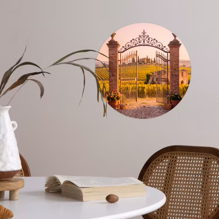 Poort - Landschap - Platteland - Zonlicht - Warm Wandcirkel behangsticker klein -sfeer3