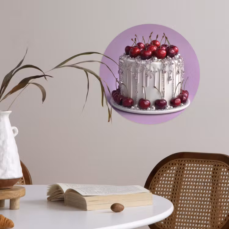 Taart - Kersen - Juwelen - Rood Wandcirkel behangsticker klein -sfeer3