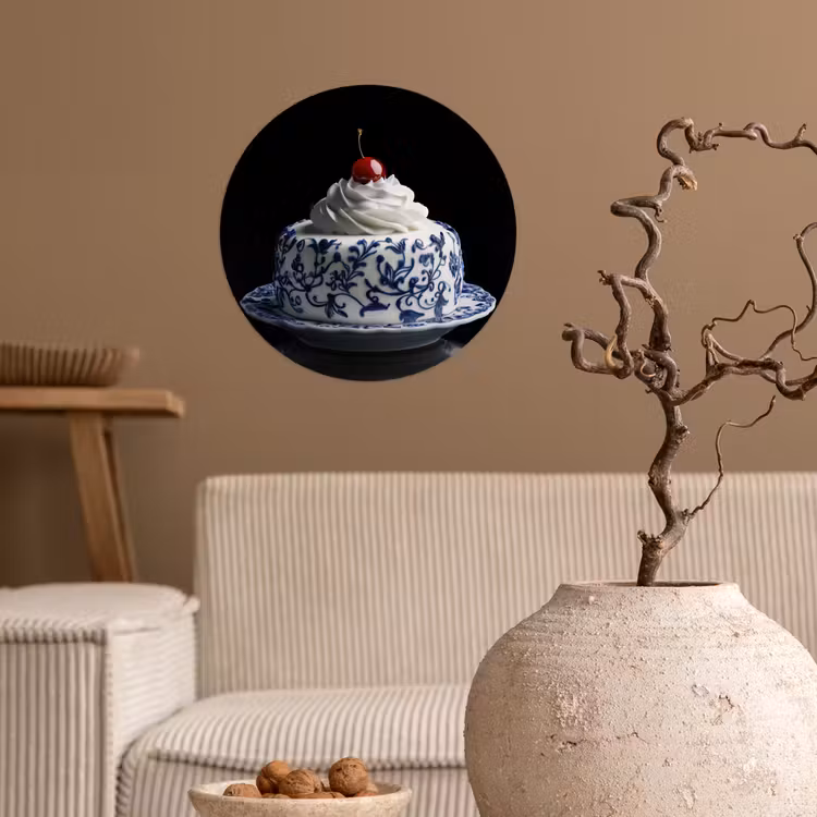 Taart - Slagroom - Kers - Bord - Delfts blauw Wandcirkel behangsticker klein -sfeer1
