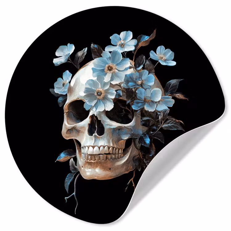 Schedel - Blauw - Bloemen - Bladeren Wandcirkel behangsticker klein -3d