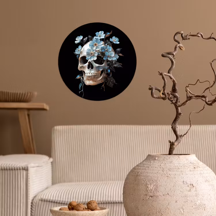 Schedel - Blauw - Bloemen - Bladeren Wandcirkel behangsticker klein -sfeer1