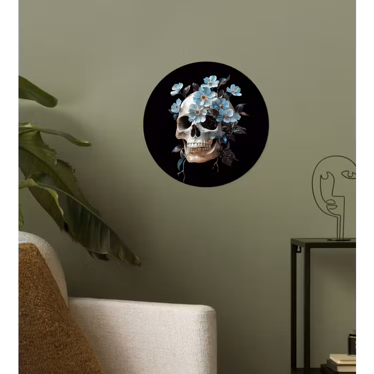 Schedel - Blauw - Bloemen - Bladeren Wandcirkel behangsticker klein -sfeer2
