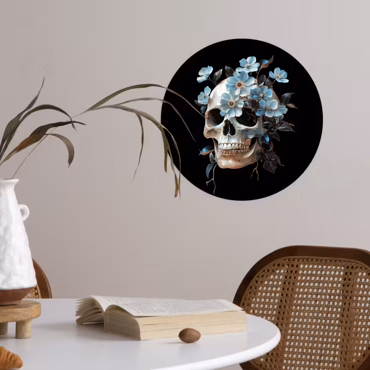 Schedel - Blauw - Bloemen - Bladeren Wandcirkel behangsticker klein -sfeer3