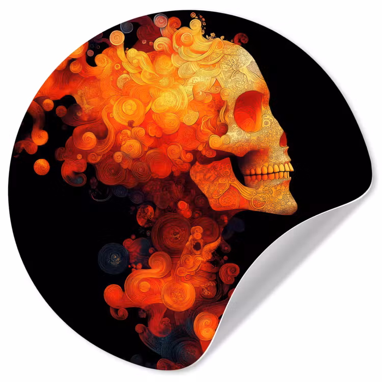 Schedel - Oranje - Zijaanzicht - Vlammen Wandcirkel behangsticker klein -3d