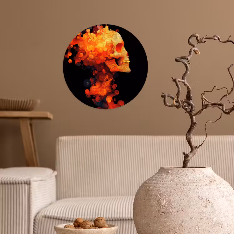Schedel - Oranje - Zijaanzicht - Vlammen Wandcirkel behangsticker klein -sfeer1