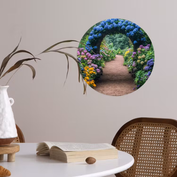 Doorkijk - Bloemen - Hortensia - Pad Wandcirkel behangsticker klein -sfeer3