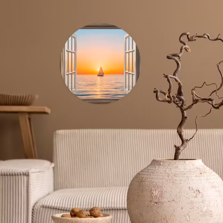 Doorkijk - Zee - Boot - Zonsondergang Wandcirkel behangsticker klein -sfeer1