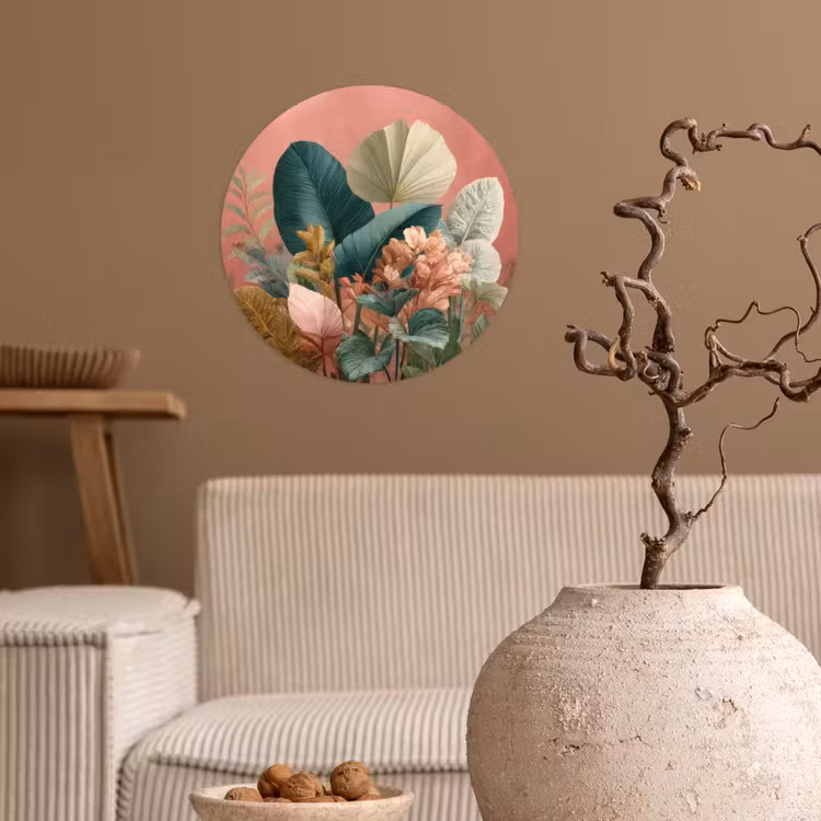 Tropische bladeren - Bloemen - Roze - groen Wandcirkel behangsticker klein -sfeer1