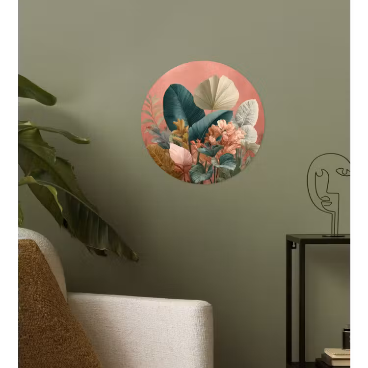 Tropische bladeren - Bloemen - Roze - groen Wandcirkel behangsticker klein -sfeer2
