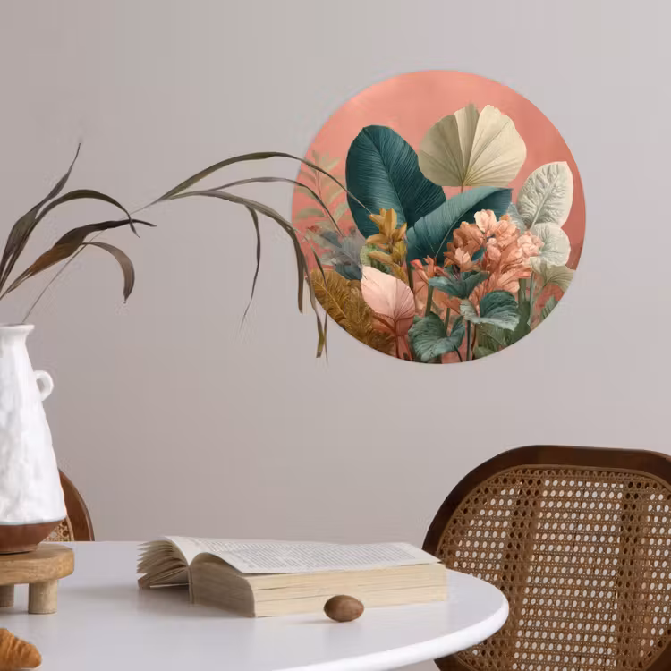 Tropische bladeren - Bloemen - Roze - groen Wandcirkel behangsticker klein -sfeer3