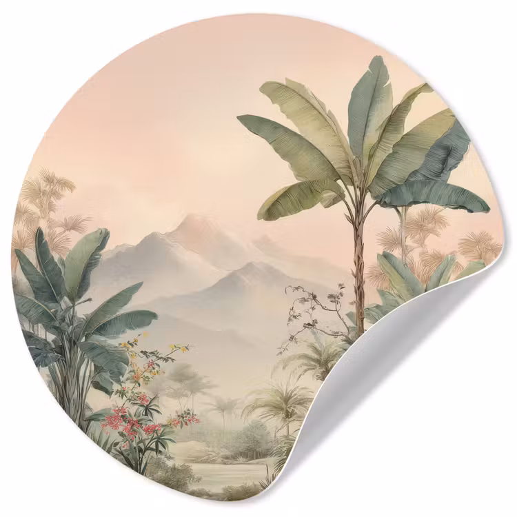 Tropisch landschap - palmbomen - Bloemen - Roze lucht Wandcirkel behangsticker klein -3d