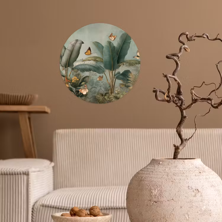 Tropisch bladerdek - Vlinders - groen - Bruin Wandcirkel behangsticker klein -sfeer1