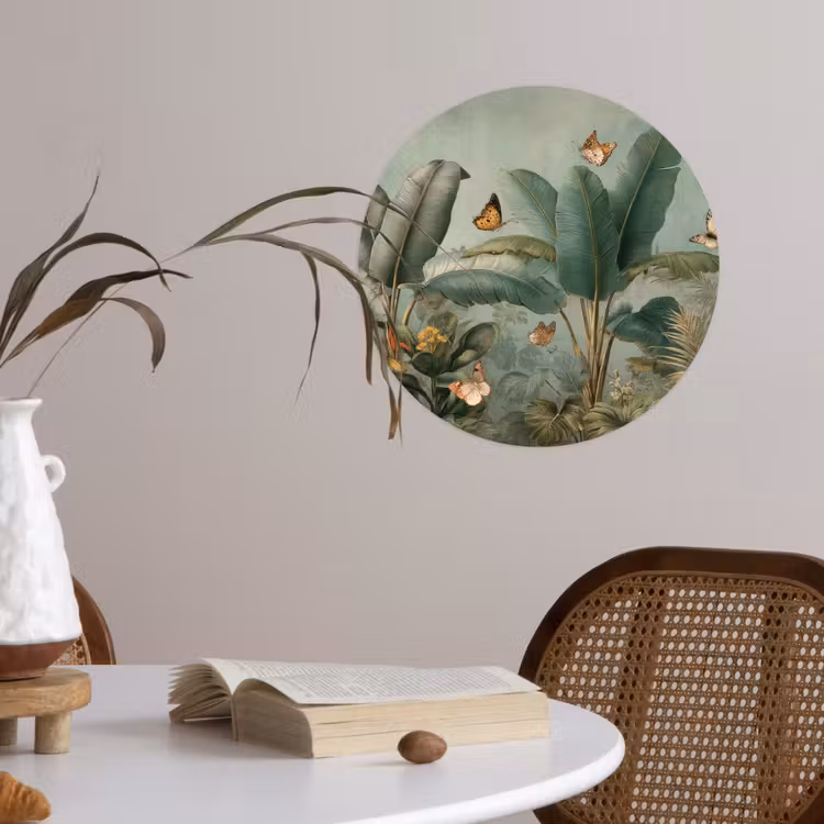 Tropisch bladerdek - Vlinders - groen - Bruin Wandcirkel behangsticker klein -sfeer3