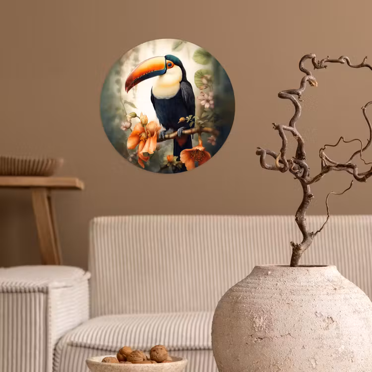 Toekan - Vogel - Bloemen - Planten Wandcirkel behangsticker klein -sfeer1