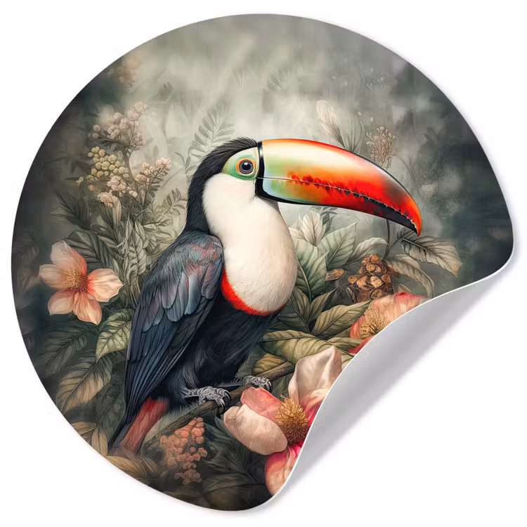 Toekan - Vogels - Bloemen - Planten - Tropisch Wandcirkel behangsticker klein -3d