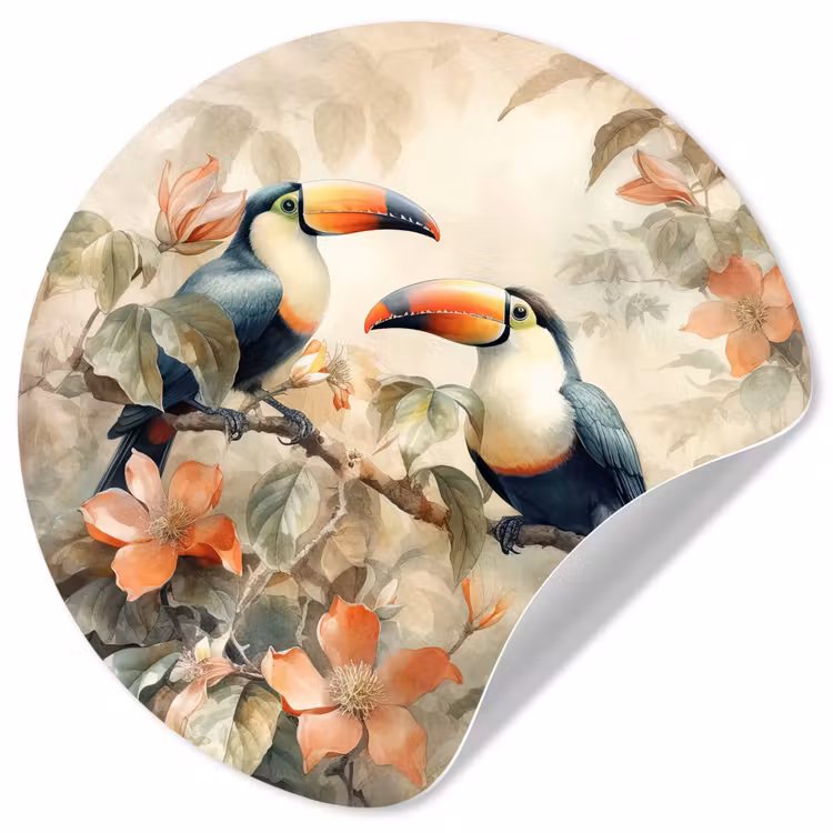 Toekan - Vogels - Bloemen - Tak Wandcirkel behangsticker klein -3d