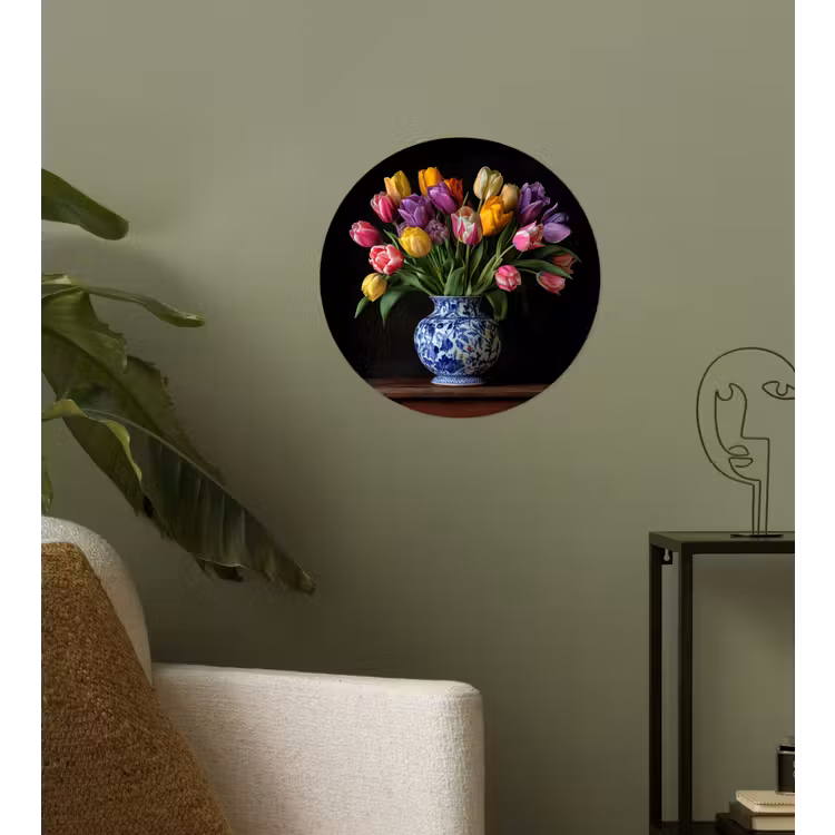 Tulpen - Kleuren - Hout - Vaas Wandcirkel behangsticker klein -sfeer2