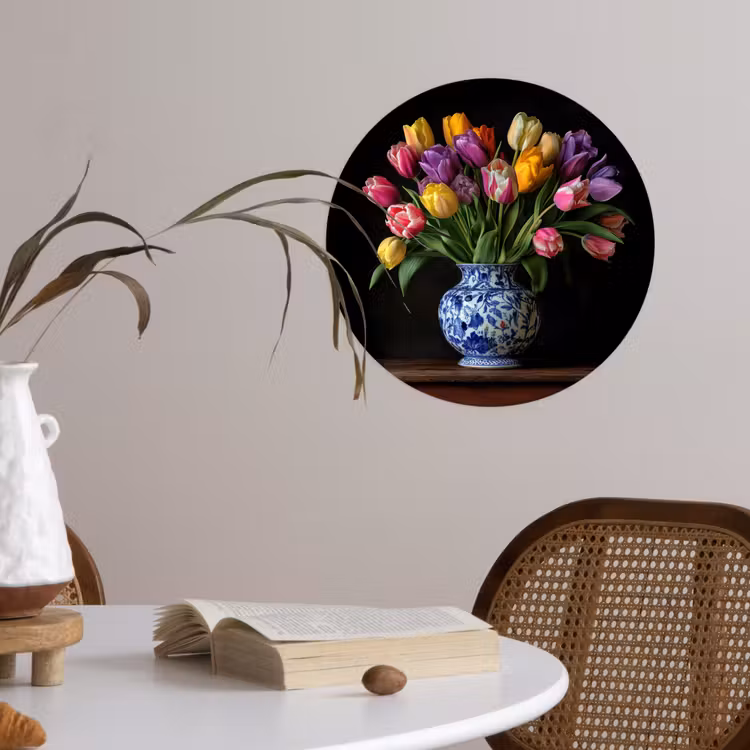 Tulpen - Kleuren - Hout - Vaas Wandcirkel behangsticker klein -sfeer3