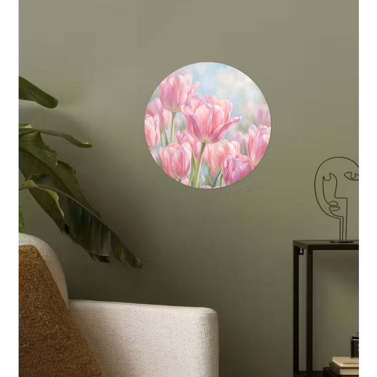 Tulpen - Veld - Lente - Roze Wandcirkel behangsticker klein -sfeer2