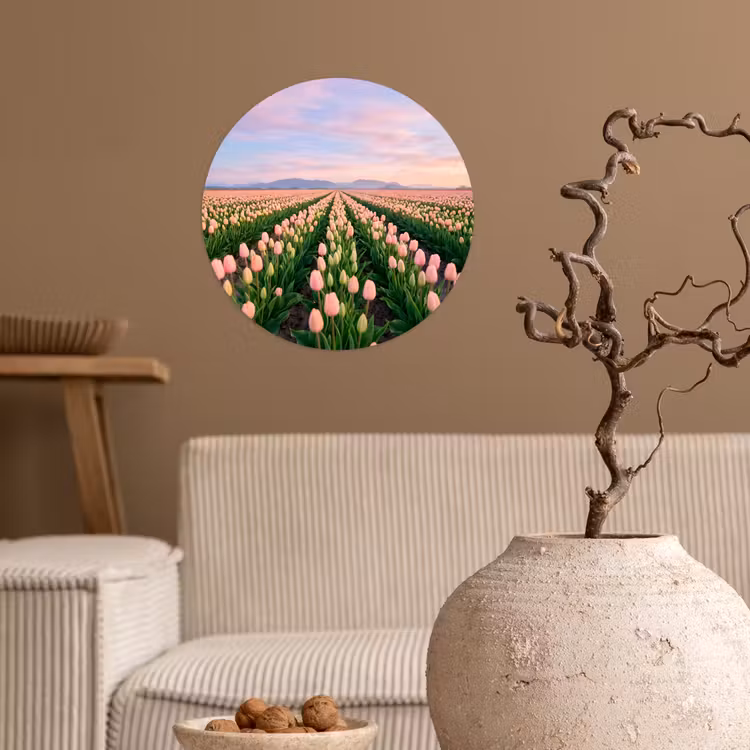 Tulpen - Landschap - Roze Wandcirkel behangsticker klein -sfeer1
