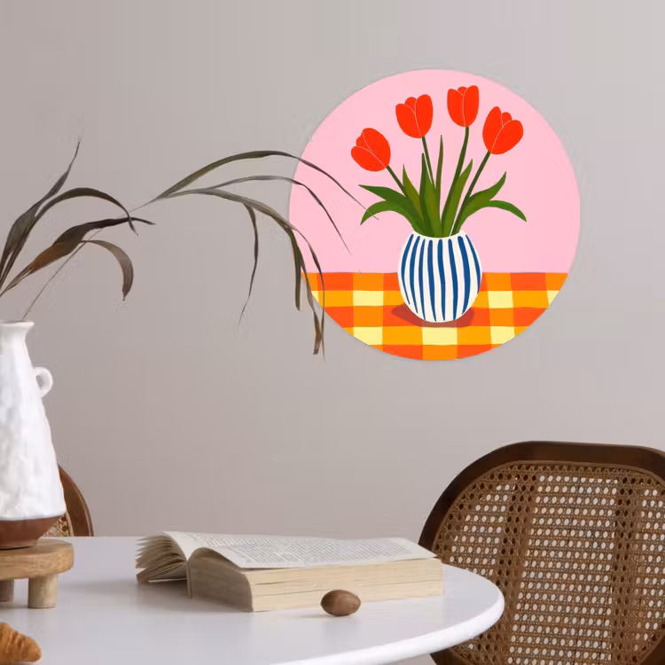 Tulpen - Roze - Vaas Wandcirkel behangsticker klein -sfeer3