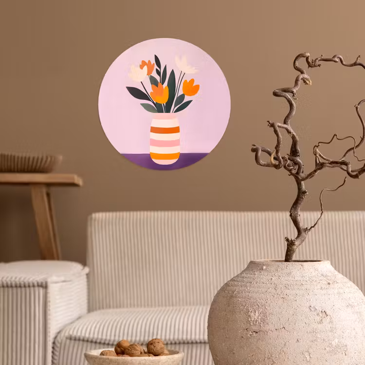 Tulpen - Vaas - Strepen - Paars Wandcirkel behangsticker klein -sfeer1