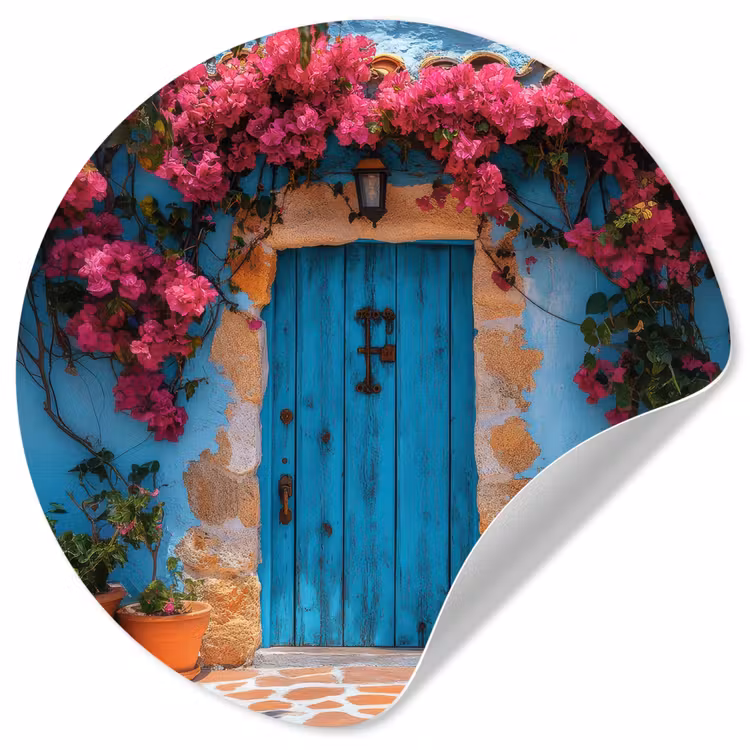 Deur - Hout - Bloemen - Blauw Wandcirkel behangsticker klein -3d