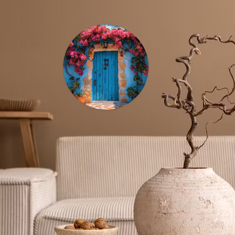 Deur - Hout - Bloemen - Blauw Wandcirkel behangsticker klein -sfeer1
