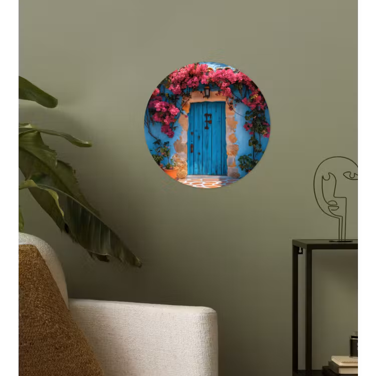 Deur - Hout - Bloemen - Blauw Wandcirkel behangsticker klein -sfeer2