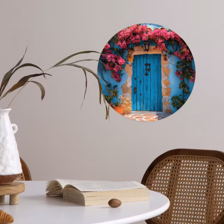 Deur - Hout - Bloemen - Blauw Wandcirkel behangsticker klein -sfeer3