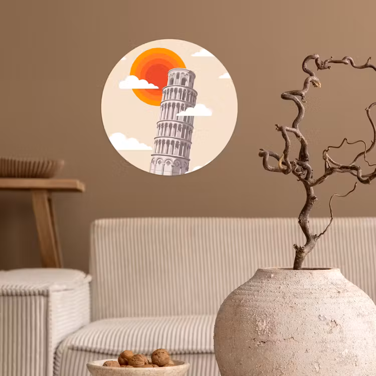 Toren - Pisa - Architectuur - Minimalistisch - Beige Wandcirkel behangsticker klein -sfeer1