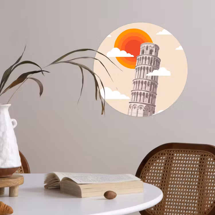 Toren - Pisa - Architectuur - Minimalistisch - Beige Wandcirkel behangsticker klein -sfeer3