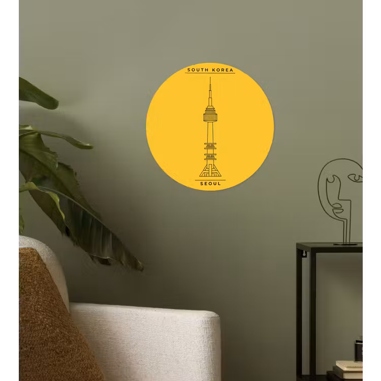 Toren - Seoul - Architectuur - Minimalistisch - Geel Wandcirkel behangsticker klein -sfeer2