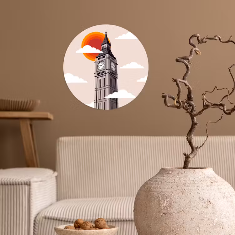 Toren - Klok - Londen - Architectuur - Retro Wandcirkel behangsticker klein -sfeer1