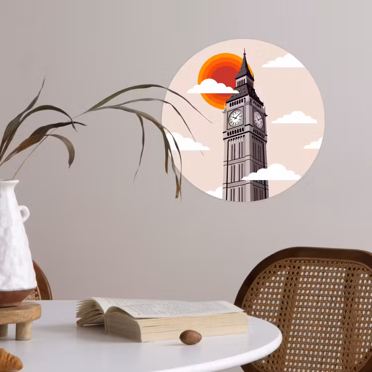 Toren - Klok - Londen - Architectuur - Retro Wandcirkel behangsticker klein -sfeer3