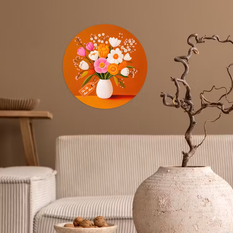 Vaas - Bloemen - Oranje Wandcirkel behangsticker klein -sfeer1