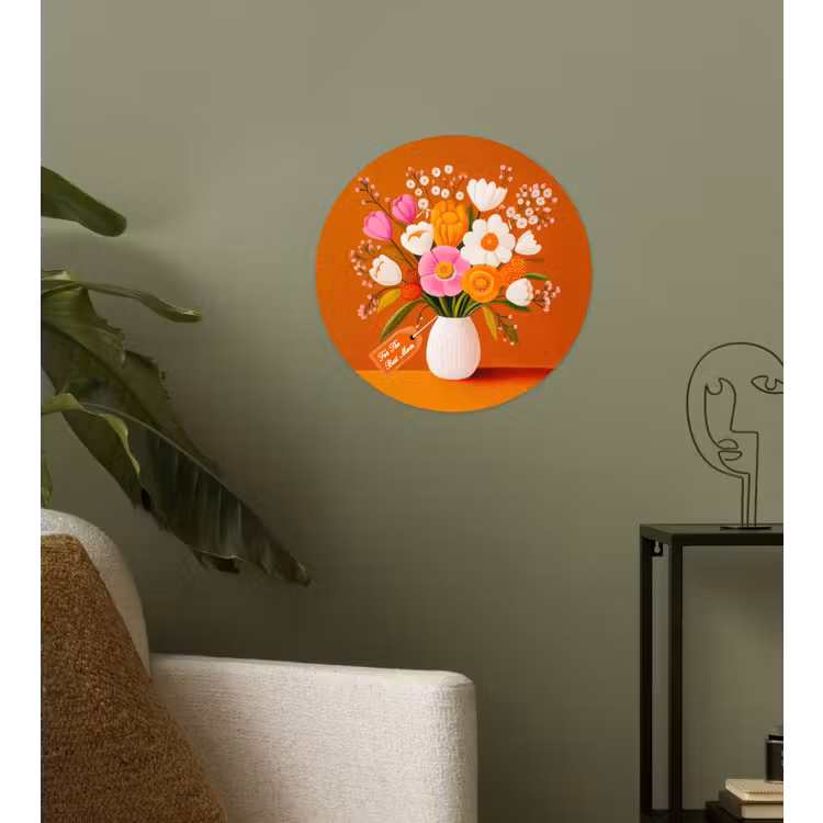 Vaas - Bloemen - Oranje Wandcirkel behangsticker klein -sfeer2