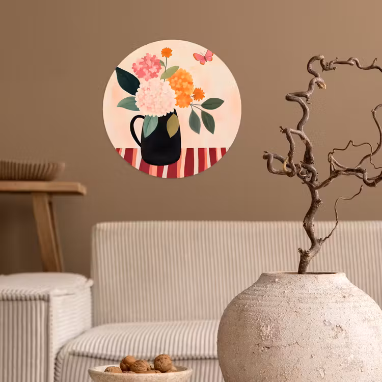 Vaas - Bloemen - Vlinder - Rood Wandcirkel behangsticker klein -sfeer1