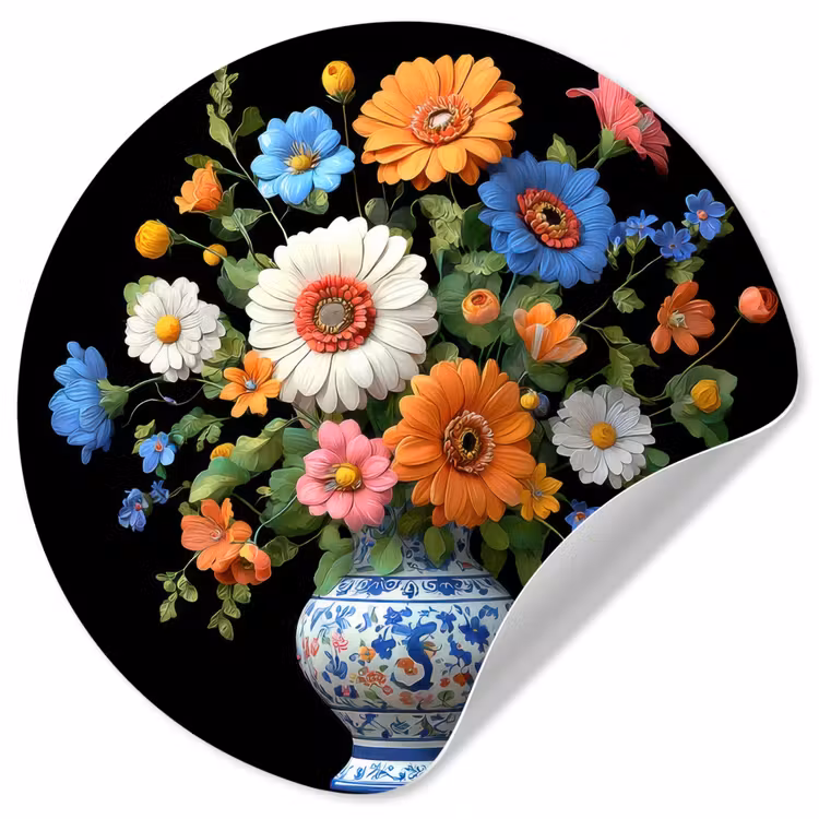 Vaas - Boeket - Bloemen - Kleur Wandcirkel behangsticker klein -3d