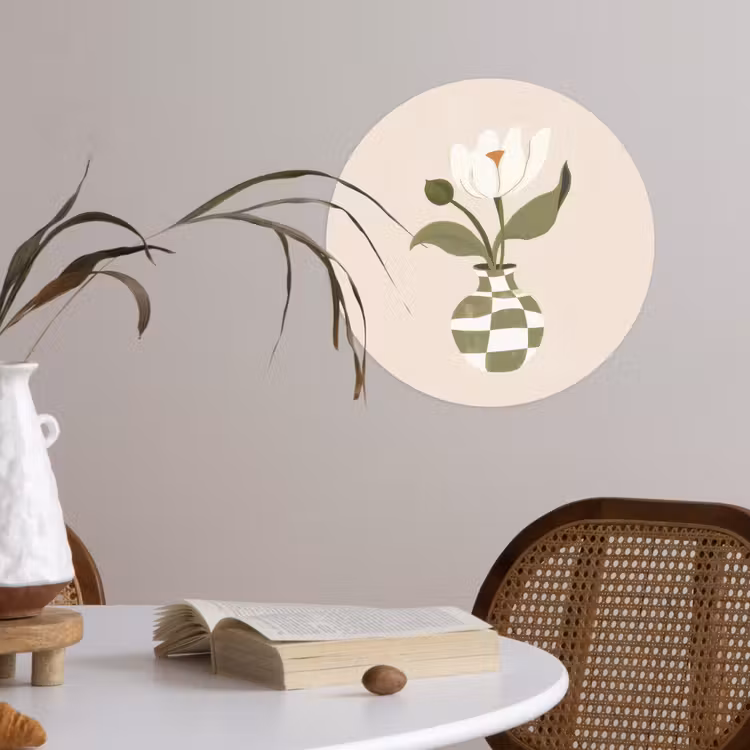 Vaas - Geruit - Bloem - Groen Wandcirkel behangsticker klein -sfeer3