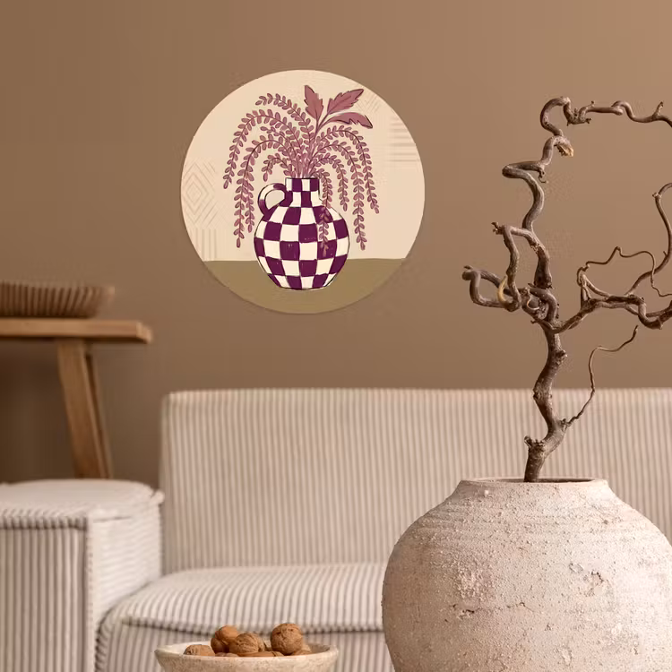 Vaas - Geruit - Planten - Modern - Paars Wandcirkel behangsticker klein -sfeer1