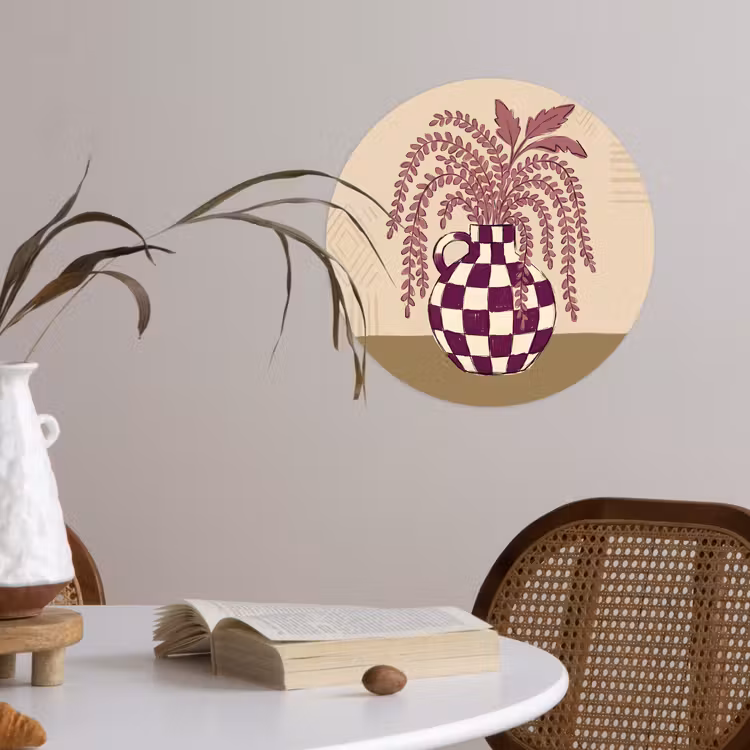 Vaas - Geruit - Planten - Modern - Paars Wandcirkel behangsticker klein -sfeer3