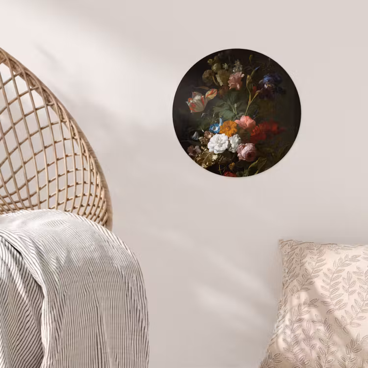 Vaas met bloemen - Schilderij van Rachel Ruysch Wandcirkel behangsticker klein -sfeer4
